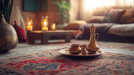 A cozy and inviting setup featuring a traditional tea pot and cup on a decorative plate, surrounded by warm candlelight and a beautiful rug.の素材