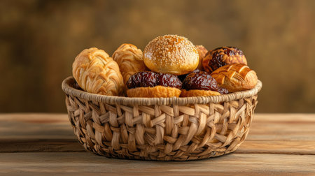 A charming display of freshly baked assorted pastries in a woven basket, highlighting golden textures and inviting aromas, perfect for any gathering.の素材