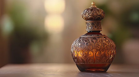 This vibrant and ornate perfume bottle showcases intricate design details, illuminated by soft light, offering a glimpse of luxury and artistry in an elegant setting.の素材