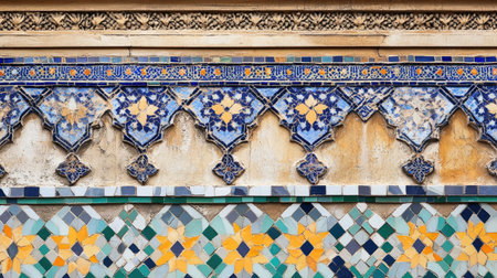 This image features a stunning arrangement of colorful mosaic tiles, showcasing intricate patterns and designs. Perfect for highlighting cultural heritage and artistic craftsmanship.の素材