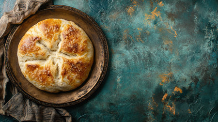 A beautifully baked round bread with a golden crust rests on a rustic surface, perfect for culinary presentations or food-related projects.の素材