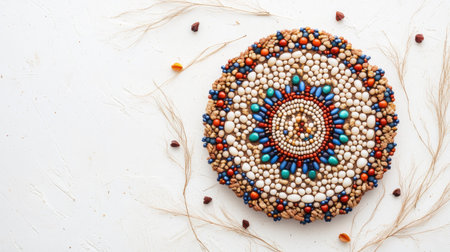 A vibrant circular arrangement of colorful beads showcasing intricate craftsmanship and creativity, perfect for decorative purposes and art enthusiasts.の素材