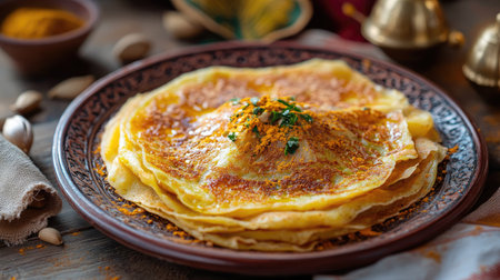 Enjoy a delectable stack of golden pancakes topped with herbs, beautifully presented on a decorative plate, perfect for any meal or occasion.の素材