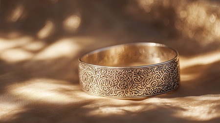 A stunning decorative metal ring featuring an intricate design, resting gracefully on soft fabric. The interplay of light and shadow enhances its elegant appeal.の素材