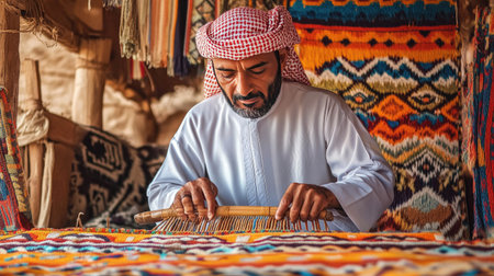 An artisan skillfully weaves vibrant textiles showcasing traditional patterns. This image captures the essence of cultural craftsmanship and heritage in the Middle East.の素材