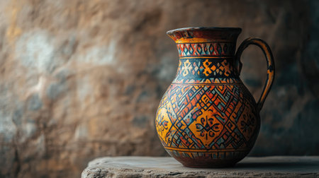 A vibrant handcrafted ceramic jug showcasing intricate patterns and colors, resting on a rustic surface, perfect for home decor and still life photography.の素材