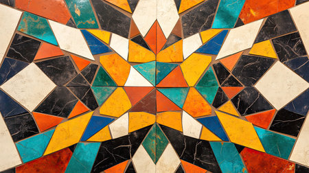 This vibrant mosaic features an intricate arrangement of colorful geometric shapes, creating a stunning visual impact ideal for artistic projects or interior designs.の素材