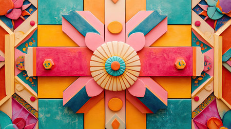 This artwork features vibrant geometric shapes and patterns in bold colors, creating a playful and modern aesthetic perfect for various creative projects.の素材