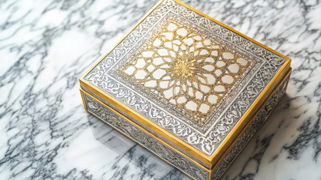 A beautifully crafted decorative box featuring intricate geometric designs and a luxurious gold and silver finish, placed elegantly on a marble surface.の素材
