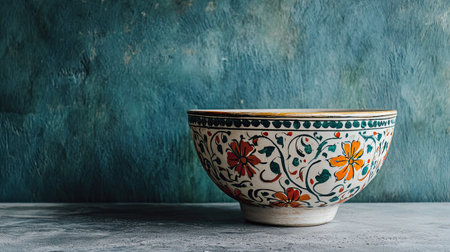 A beautifully crafted decorative bowl featuring intricate floral patterns, set against a textured backdrop, perfect for showcasing artistry and tradition.の素材