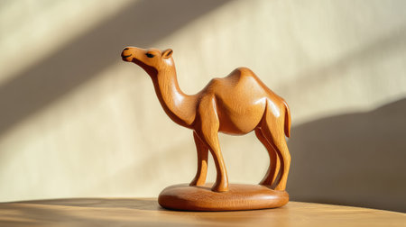 A beautifully crafted wooden camel sculpture displayed on a table. The piece captures light and shadow, highlighting its unique design and natural warmth.の素材
