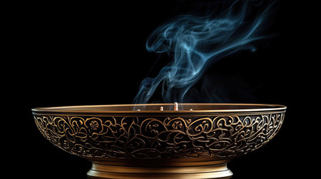 This captivating image features an elegant bowl emitting mystical smoke against a deep black background, creating a tranquil and artistic ambiance.の素材