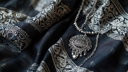 Close-up view of elegant silver jewelry on dark fabric, highlighting the intricate design and stylish details. Perfect for fashion and accessory photography.の素材