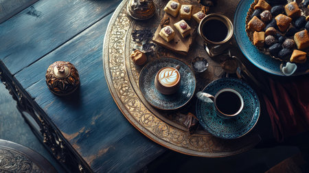 Enjoy an inviting coffee and dessert setup featuring rich flavors and elegant presentation. Perfect for a cozy gathering or culinary inspiration.の素材