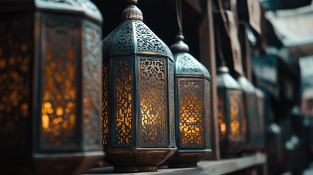 Explore the beauty of intricately designed lanterns casting a warm glow in a vibrant market. Perfect for evoking atmosphere and tradition in your visuals.の素材