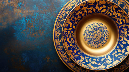A stunning decorative plate featuring a gold and blue floral design. Ideal for showcasing luxury dining or artistic decor in elegant settings.の素材