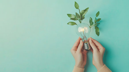 A creative image featuring hands holding a light bulb with green leaves, symbolizing innovation and eco-friendliness in design and lifestyle choices.の素材