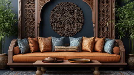 Stunning vintage couch with intricate decor, rich colors, and plush cushions. Perfect for creating an inviting and stylish interior atmosphere.の素材