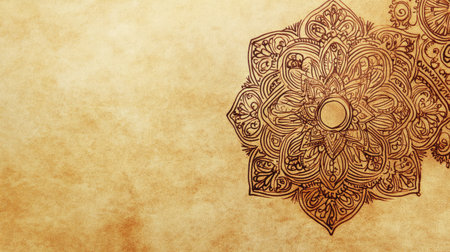 This image showcases an intricate mandala pattern against a warm vintage background, highlighting artistic detail and symmetry, perfect for creative projects.の素材