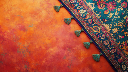 A vibrant textile featuring a decorative border with tassels, showcasing an artistic blend of colors and patterns against a rich, warm background. Perfect for interior decor.の素材