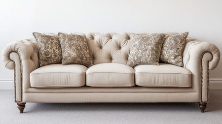 Beautiful beige Chesterfield sofa with plush cushions, perfect for adding a touch of elegance and comfort to any living room space or lounge area.の素材