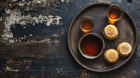 A cozy scene featuring warm cookies and tea arranged on a rustic wooden table. Perfect for evoking feelings of comfort and togetherness.の素材