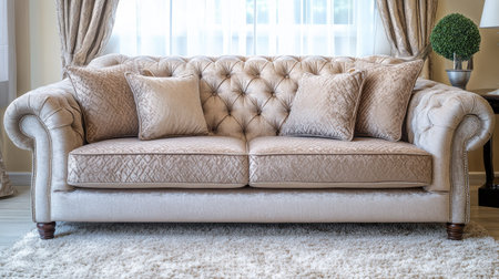 This elegant beige tufted sofa enhances any living space with a touch of luxury and comfort. Perfect for cozy relaxation or stylish gatherings.の素材