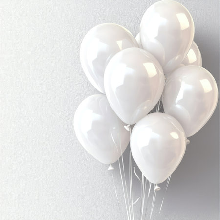 A cluster of elegant white balloons gracefully floats against a light background, perfect for enhancing decor at celebrations, events, or parties.の素材