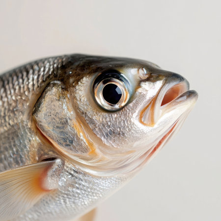 A striking close-up image of a freshwater fish highlighting the intricate details of its shiny scales and expressive features, set against a neutral backdrop.の素材