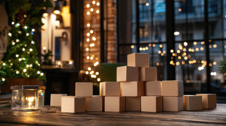 A serene indoor scene featuring wooden blocks arranged artistically on a rustic table, surrounded by warm holiday lights and a flickering candle, creating a cozy ambience.の素材