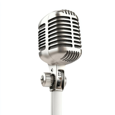 This vintage chrome microphone stands tall against a clean white background, representing a perfect blend of retro charm and modern audio technology, ideal for music lovers.の素材