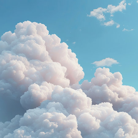 A picturesque view of soft cotton candy clouds scattered across a brilliant blue sky, illuminated by gentle daylight, creating a serene atmosphere.の素材