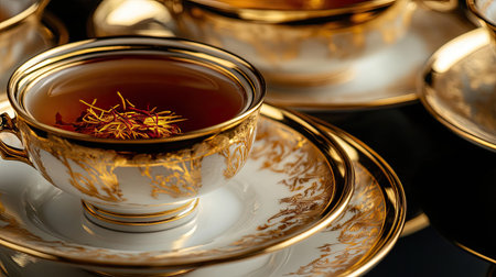 Discover a beautiful arrangement of elegant tea cups adorned with golden accents. Each cup features saffron, adding a touch of luxury to your dining experience.の素材
