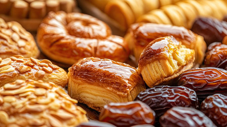 A vibrant assortment of freshly baked pastries and sweet dates arranged beautifully, showcasing textures and colors perfect for any celebration or feast.の素材