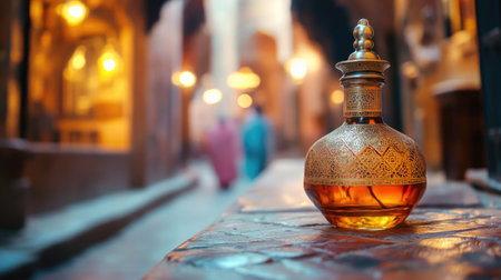 A stunning glass perfume bottle gleams in a historic market, showcasing intricate designs. This image captures beauty and tradition in an enchanting setting.の素材