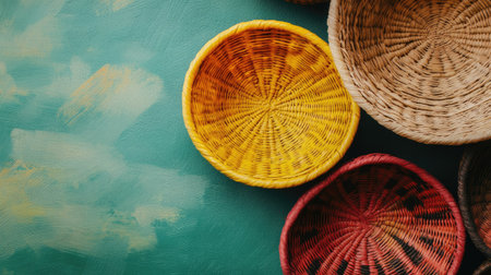 Discover vibrant woven baskets in striking colors, perfect for adding a rustic touch to any space. Ideal for home decor or artistic projects.の素材
