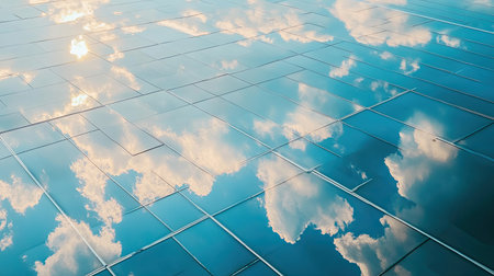 Stunning reflection of clouds on a modern glass building, creating a serene and artistic view. Ideal for themes of architecture and nature.の素材