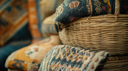 Beautifully woven textiles displayed in handwoven baskets, showcasing vibrant colors and intricate patterns. A perfect representation of traditional craftsmanship.の素材