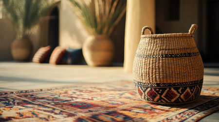 A beautifully crafted handwoven basket placed on a vibrant rug, showcasing traditional craftsmanship and warm colors, ideal for interior design inspiration.の素材