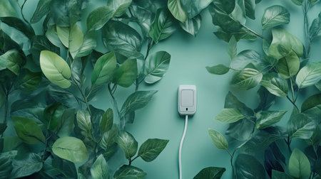 A modern electrical switch blends seamlessly into a lush, green background, showcasing a harmonious connection between technology and nature.の素材