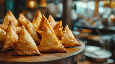A tempting display of crispy samosas arranged beautifully on a wooden board, showcasing their golden color and delicious texture in a lively dining setting.の素材