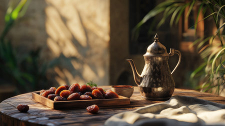 A beautifully arranged traditional tea set with fresh fruits on a rustic wooden table, showcasing warm natural light and inviting ambiance, perfect for a cozy gathering.の素材
