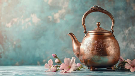 An elegant copper teapot rests beside soft pink flowers, creating a serene still life composition. The antique design adds charm and warmth to any decor.の素材