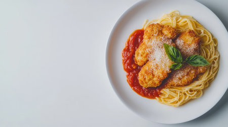 A beautifully plated chicken parmesan served over spaghetti, topped with fresh basil and sprinkled cheese, perfect for an Italian meal at home.の素材
