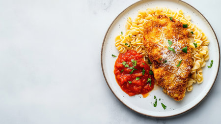 A beautifully plated chicken dish served with pasta and tangy tomato sauce, garnished with fresh herbs. Perfect for dinner or a special meal.の素材