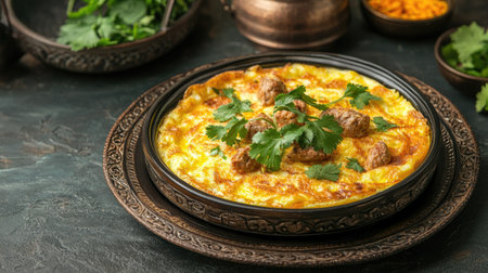 A beautifully styled omelette garnished with fresh herbs and spices, perfect for breakfast or any meal. Captures rich textures and colors, showcasing gourmet food.の素材