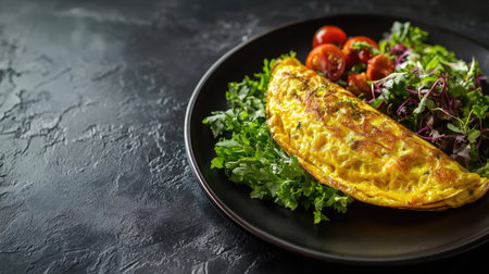 A beautifully plated omelette served with fresh greens and ripe tomatoes, showcasing a healthy and flavorful meal perfect for breakfast or brunch.の素材