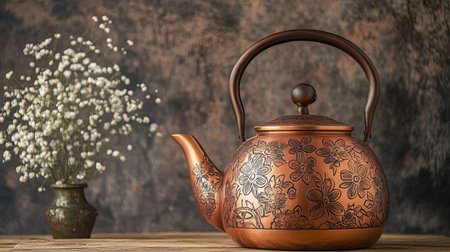 A beautifully crafted copper teapot with intricate floral designs, set against a textured backdrop. Perfect for showcasing elegance in kitchen decor.の素材