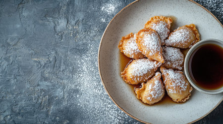 A beautiful plate of sweet dumplings dusted with powdered sugar, served with a rich sauce. Perfect for dessert lovers and culinary enthusiasts.の素材