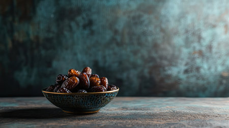 A close-up view of a decorative bowl filled with rich, glossy dates, set against a textured background, showcasing the fruit's natural beauty and charm.の素材